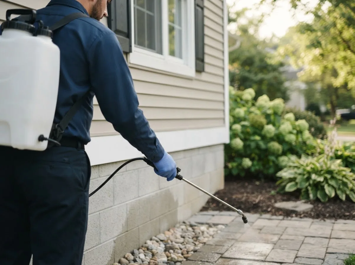 Pest control technician inspecting a home in Christopher, IL